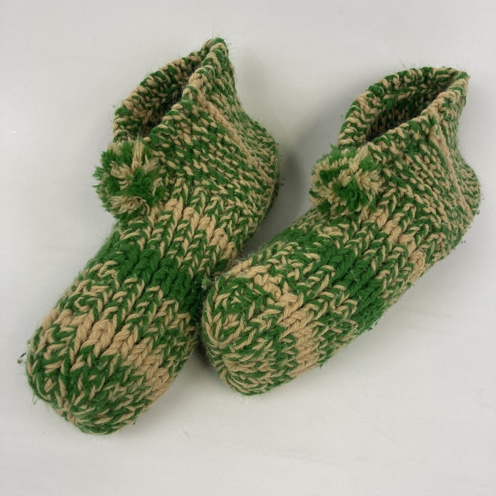 VTG Handmade Warm Crochet Knit Adult Slipper Booties Socks House Shoes Green